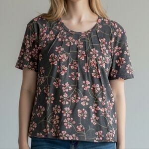 Pleated Gray and Pink Floral Tee Shirt